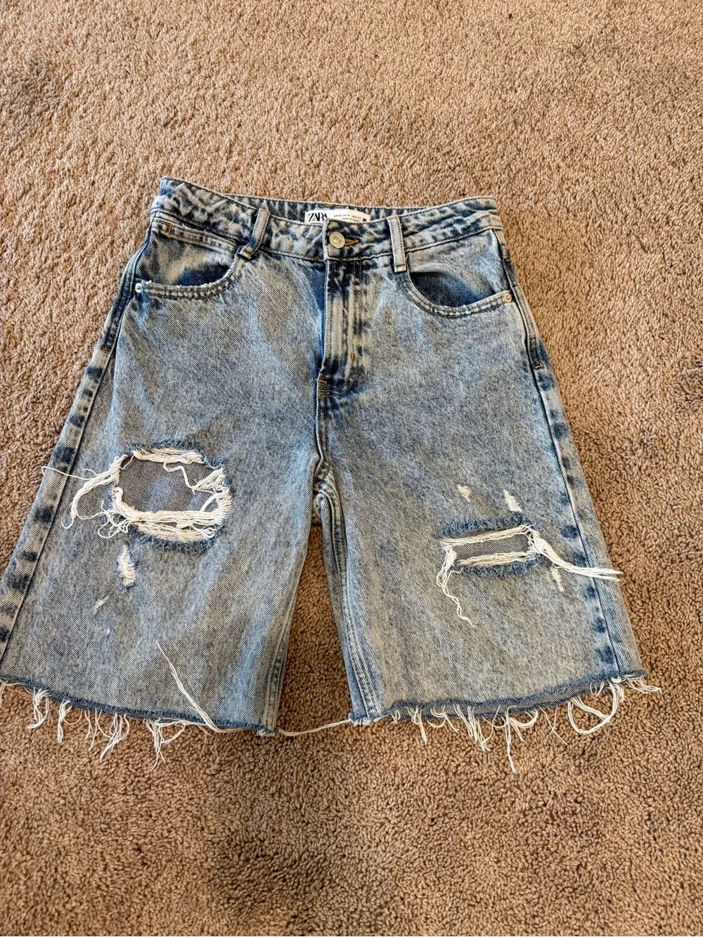 Zara denim jorts longline baggy Light Blue Distressed Denim Bermuda long Shorts